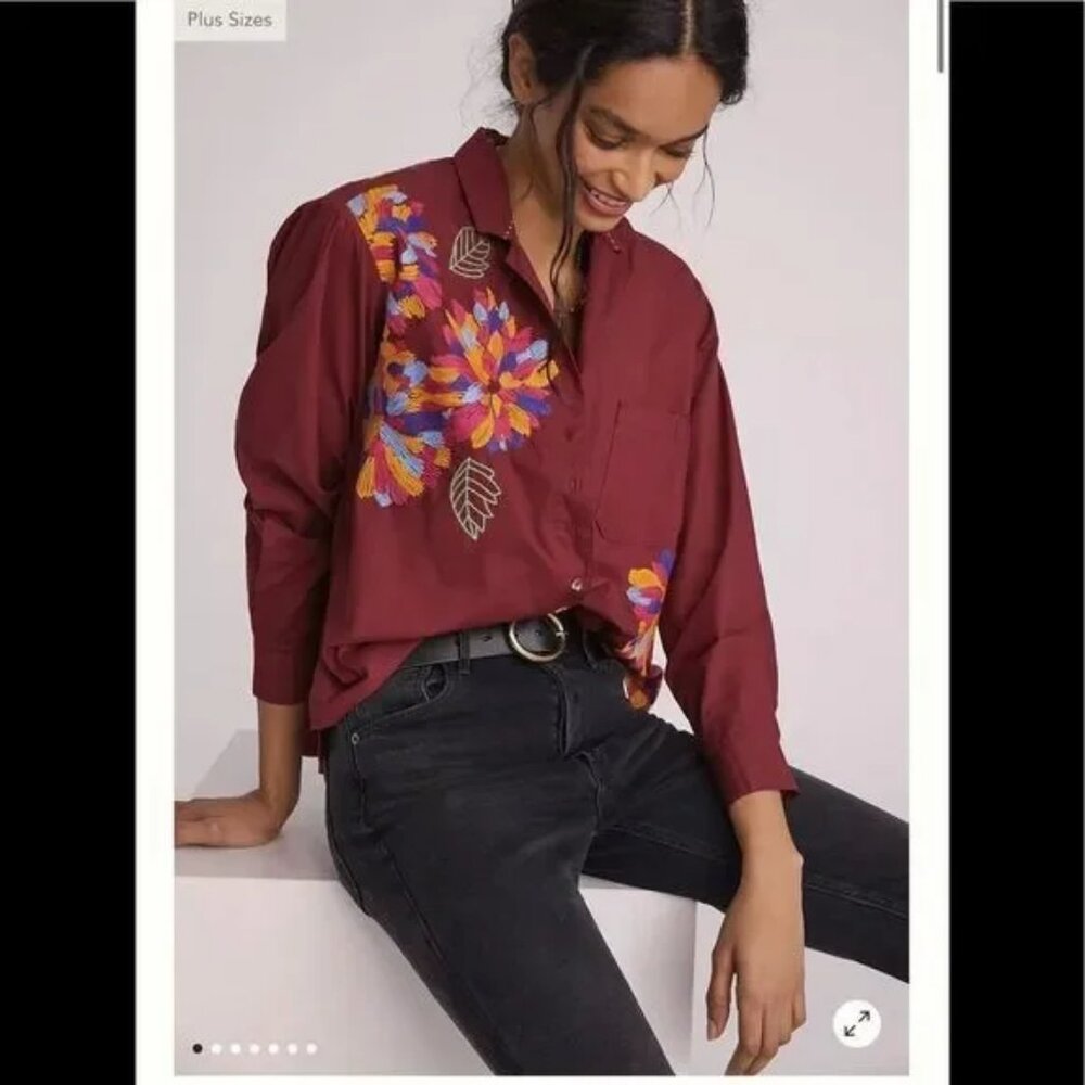 Anthropologie Maeve Embroidered Button-down Top